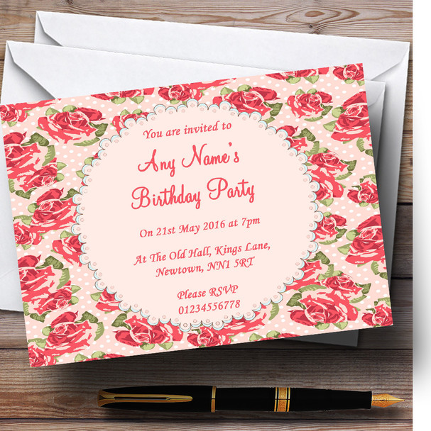 Coral Pink Floral Shabby Chic Chintz Personalized Birthday Party Invitations