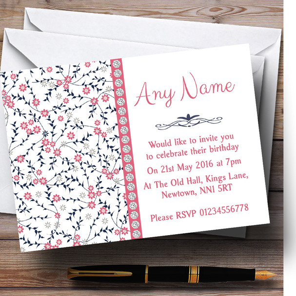Dusty Coral Pink And Navy Blue Floral Personalized Birthday Party Invitations