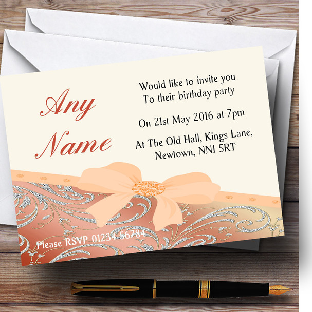 Classic Diamond And Coral Bow Birthday Party Personalized Invitations