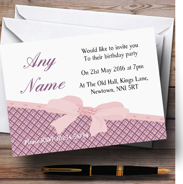 Classic Lilac And Dusky Pink Check Bow Birthday Party Personalized Invitations