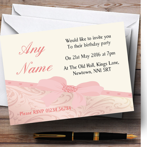 Classic Peach Pale Coral Bow Birthday Party Personalized Invitations