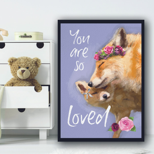 Foxes You Are So Loved Light Blue Floral Wall Art Print