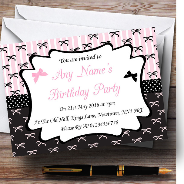 Pink And Black Paris Chic Bows Birthday Party Personalized Invitations