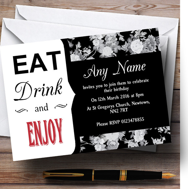 Black Rose Eat Drink Personalized Birthday Party Invitations