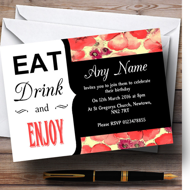 Coral Floral Vintage Shabby Chic Eat Drink Personalized Birthday Party Invitations