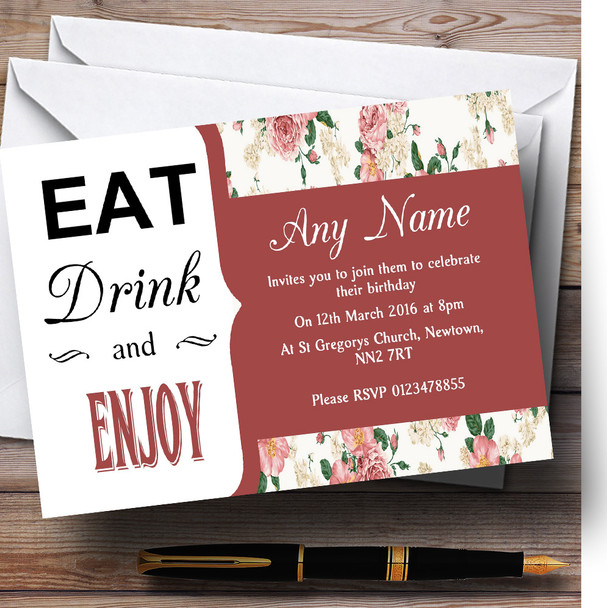 Coral Red Vintage Eat Drink Personalized Birthday Party Invitations