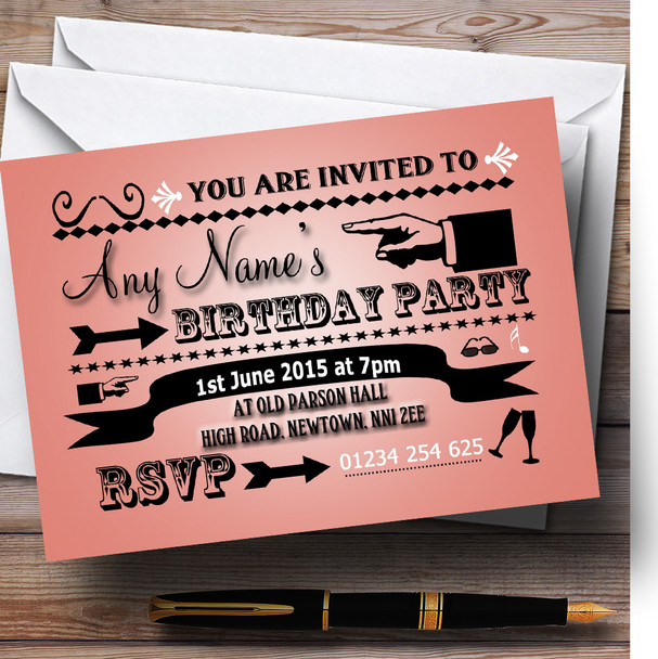 Coral Typography Word Art Vintage Personalized Birthday Party Invitations
