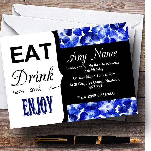 Eat Drink Blue Watercolour Flowers Personalized Birthday Party Invitations
