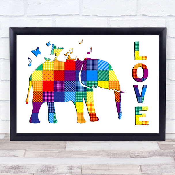 Patchwork Rainbow Elephant Love Wall Art Print