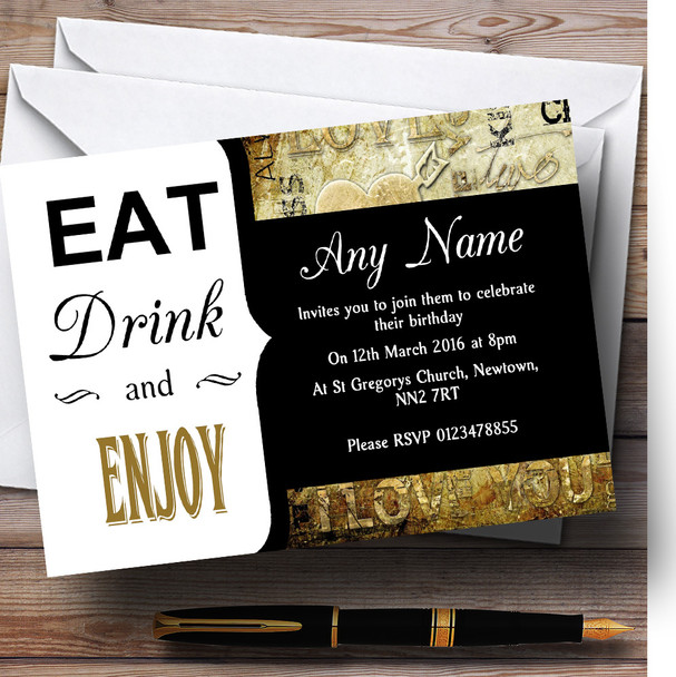 Gold I Love You Eat Drink Personalized Birthday Party Invitations