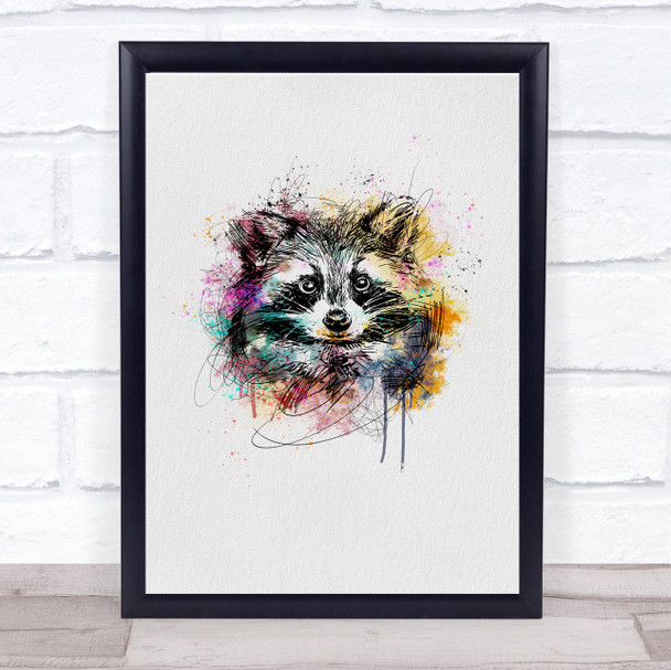 Raccoon Watercolor Line Art Splatter Drip Wall Art Print