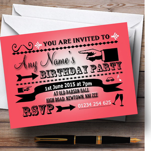 Pink Red Typography Word Art Vintage Personalized Birthday Party Invitations