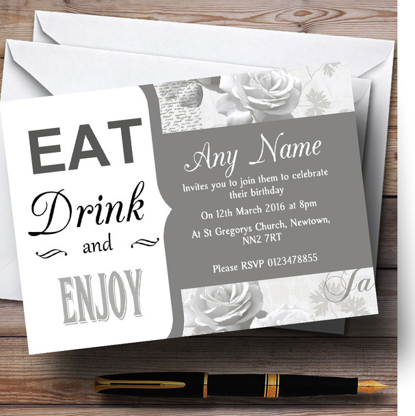 Silver Grey Eat Drink Vintage Birdcage Personalized Birthday Party Invitations