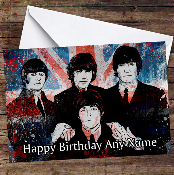 The Beatles Union Jack Grunge Splatter Personalized Birthday Card