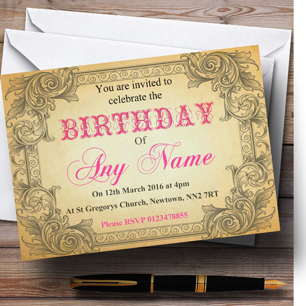 Typography Vintage Hot Pink Postcard Personalized Birthday Party Invitations