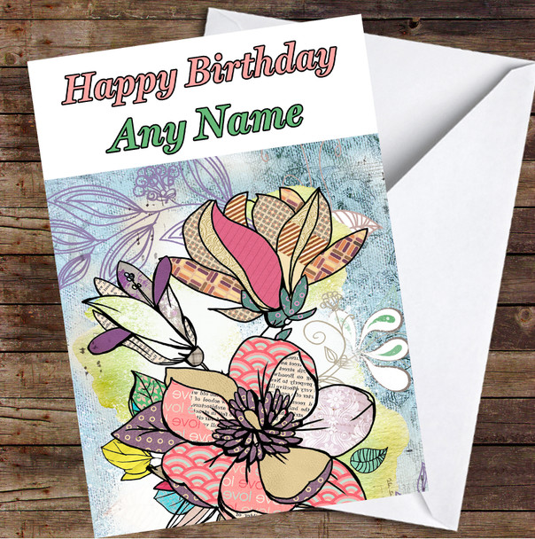 Abstract Vintage Flowers Magnolias colorful Leaves Personalized Birthday Card