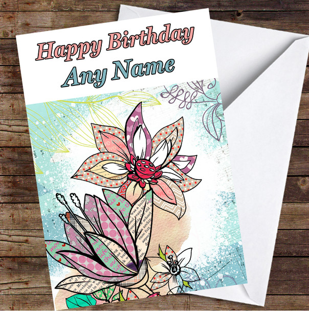 Abstract Vintage Flowers Sea Blue colorful Leaves Personalized Birthday Card