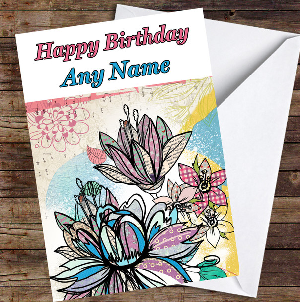 Abstract Vintage Flowers Lotus colorful Leaves Personalized Birthday Card