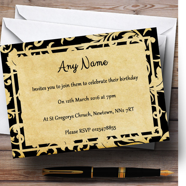 Vintage Black Damask Postcard Style Personalized Birthday Party Invitations