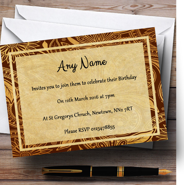 Vintage Brown Gold  Postcard Style Personalized Birthday Party Invitations