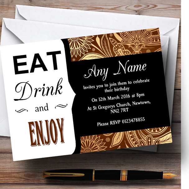 Vintage Brown Gold Eat Drink Personalized Birthday Party Invitations