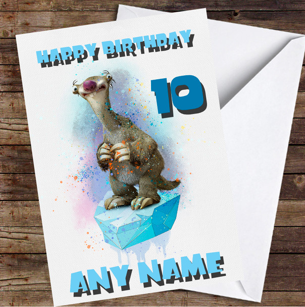 Ice Age Blue Sid Watercolor Splatter Personalized Birthday Card