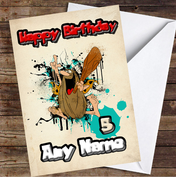 Captain Caveman Watercolor Splatter Personalized Birthday Card