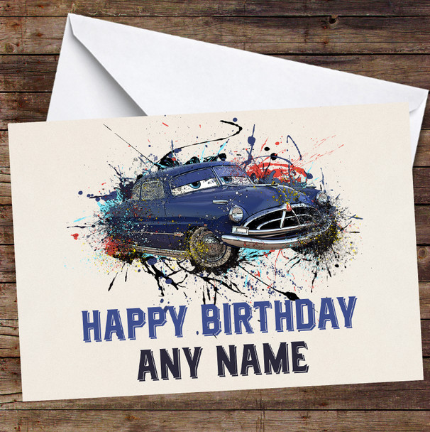 Cars Doc Hudson Watercolor Splatter Personalized Birthday Card