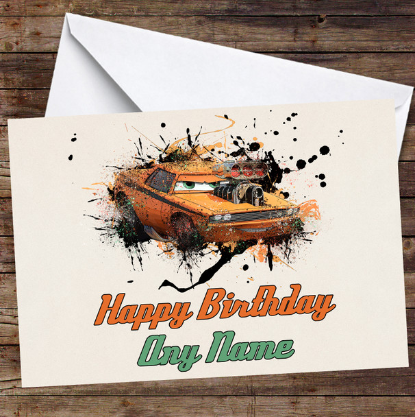 Cars Snotrod Watercolor Splatter Personalized Birthday Card