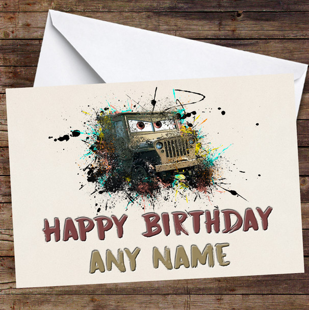 Cars Sarge Watercolor Splatter Personalized Birthday Card