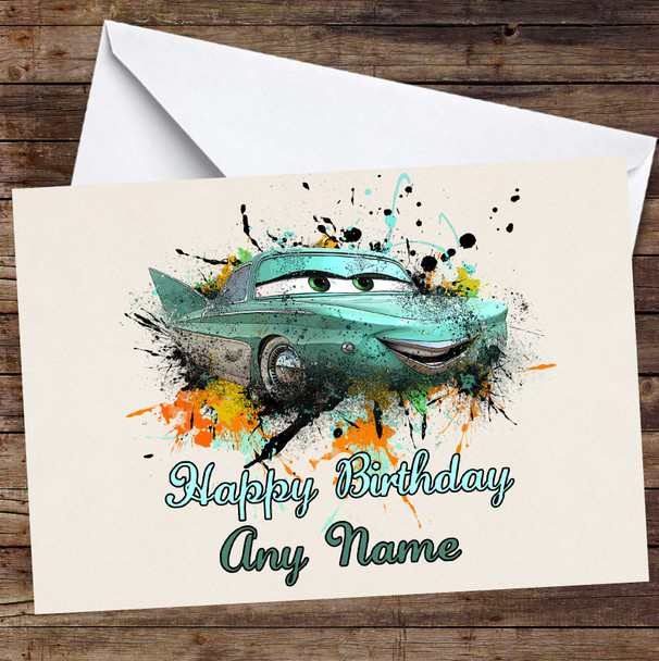 Cars Flo Watercolor Splatter Personalized Birthday Card