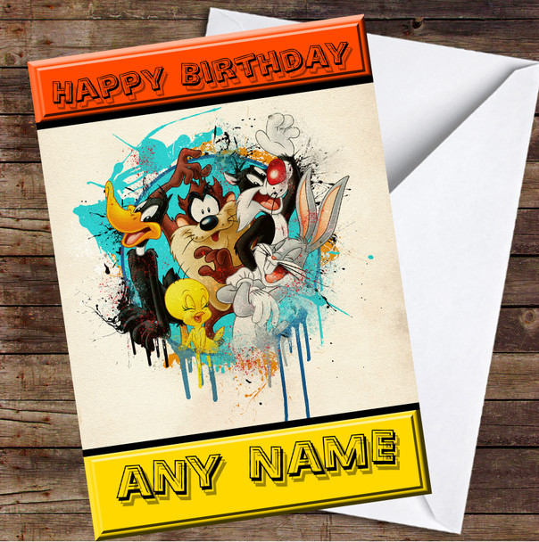 Looney Tunes Splatter Rustic Personalized Birthday Card