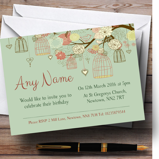 Vintage Shabby Chic Birdcage Green Personalized Birthday Party Invitations