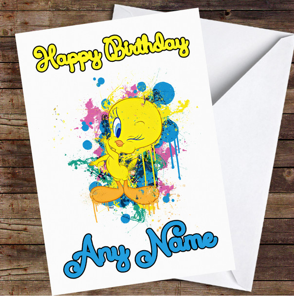 Tweety Bright Splatter Personalized Birthday Card