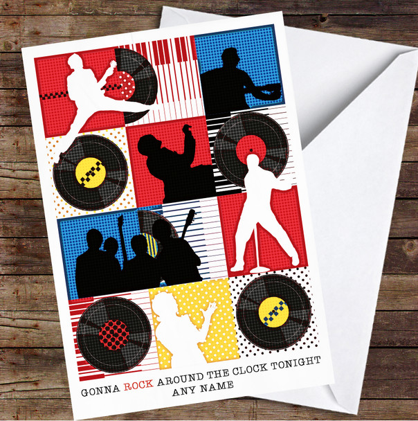 Rock Around The Clock Pop Art Repeat Vinyl Personalized Birthday Card