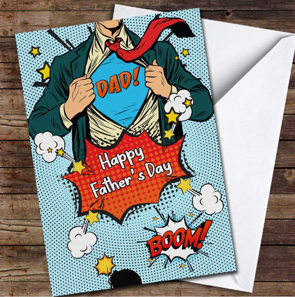 White Skin Superhero Dad Comic Style Personalized Father's Day Greetings Card