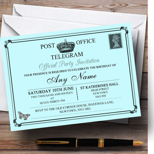 Vintage Telegram Elegant Aqua Personalized Birthday Party Invitations