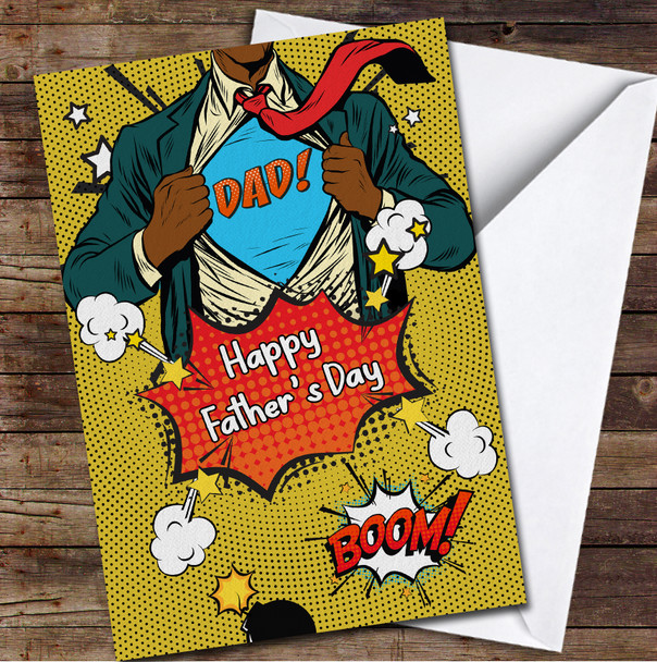 Superhero Dad Yellow Dark Skin Personalized Father's Day Greetings Card