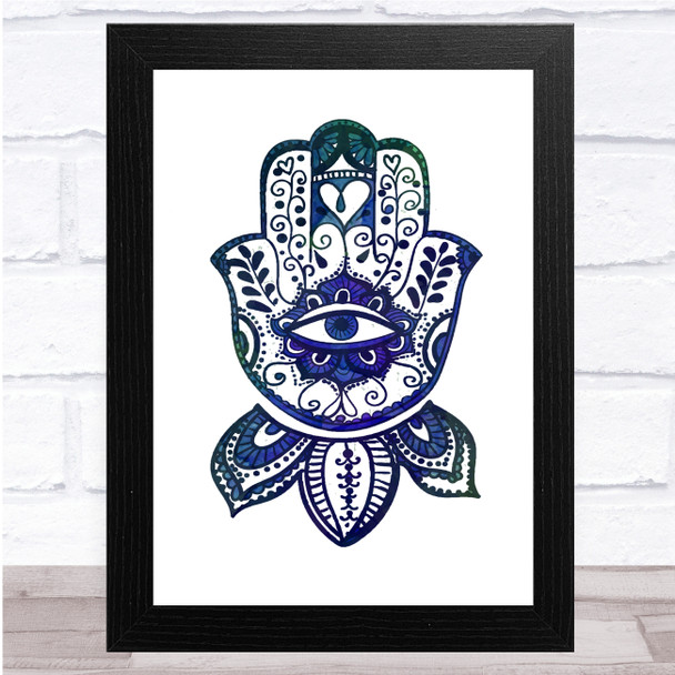 Boho Deep Blue Watercolor Hamsa Wall Art Print