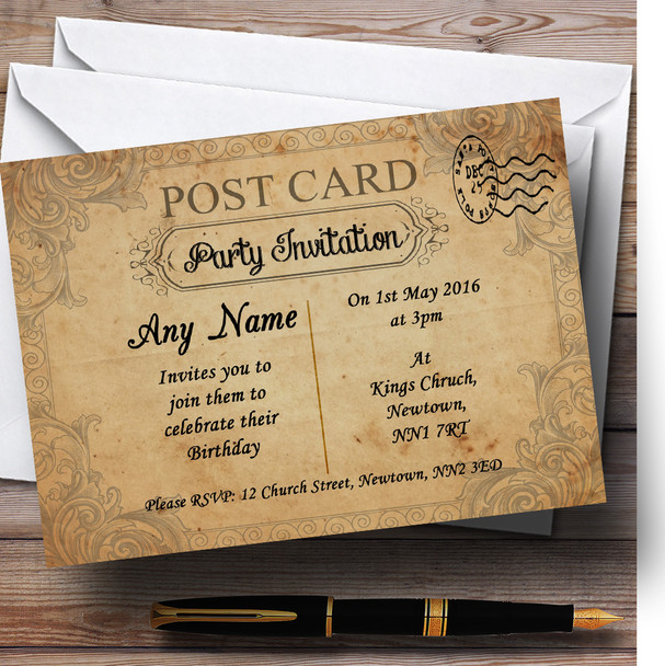 Classic Vintage Shabby Chic Postcard Personalized Birthday Party Invitations