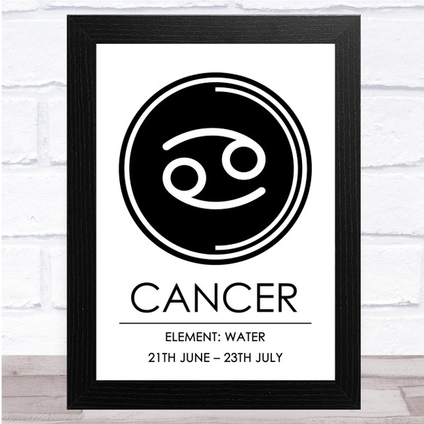 Zodiac Star Sign White & Black Symbol Cancer Wall Art Print