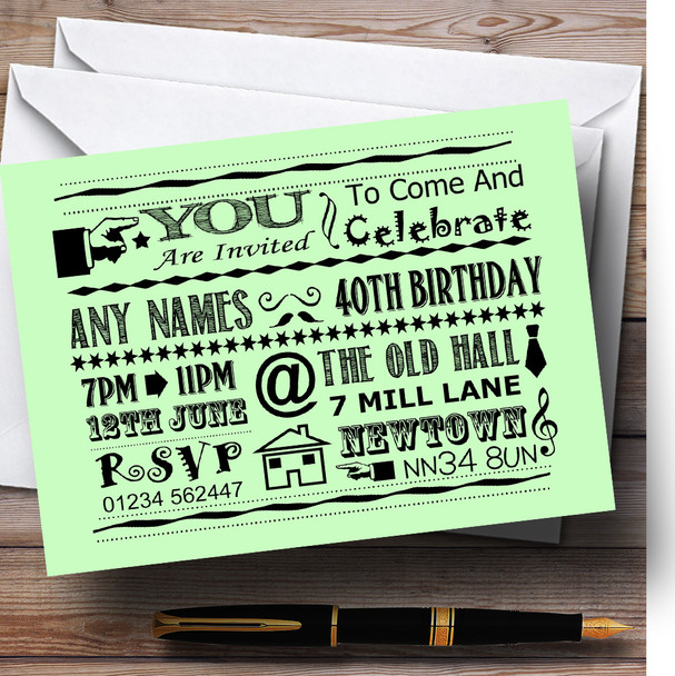 Cool Vintage Fun Chalk Typography Pale Green Personalized Birthday Party Invitations