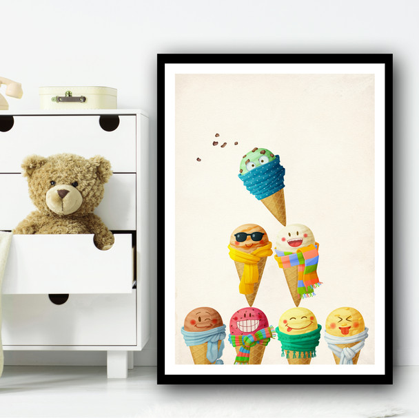 Cute Ice-creams Friends colorful Pyramid Funny Wall Art Print
