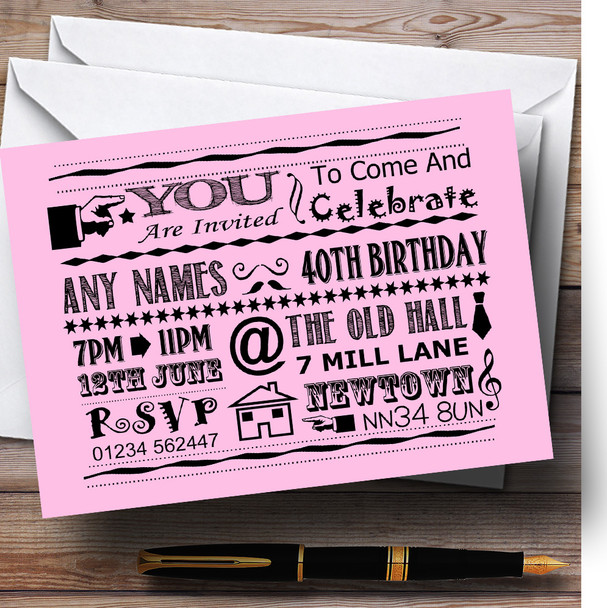 Cool Vintage Fun Chalk Typography Pale Pink Personalized Birthday Party Invitations