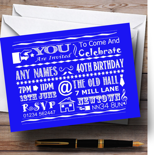 Cool Vintage Fun Chalk Typography Royal Blue Personalized Birthday Party Invitations