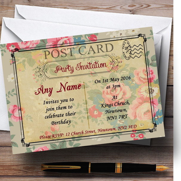 Floral Vintage Paris Shabby Chic Postcard Personalized Birthday Party Invitations