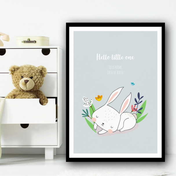 Hello Little One Cute White Rabbit Sleeping Floral Personalized Wall Art Print