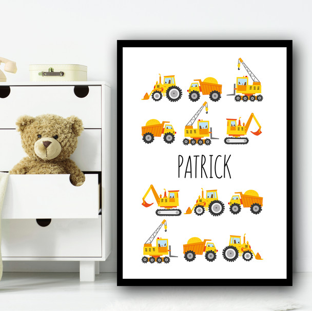 Multiple Yellow Construction Vehicles Any Name Personalized Wall Art Print