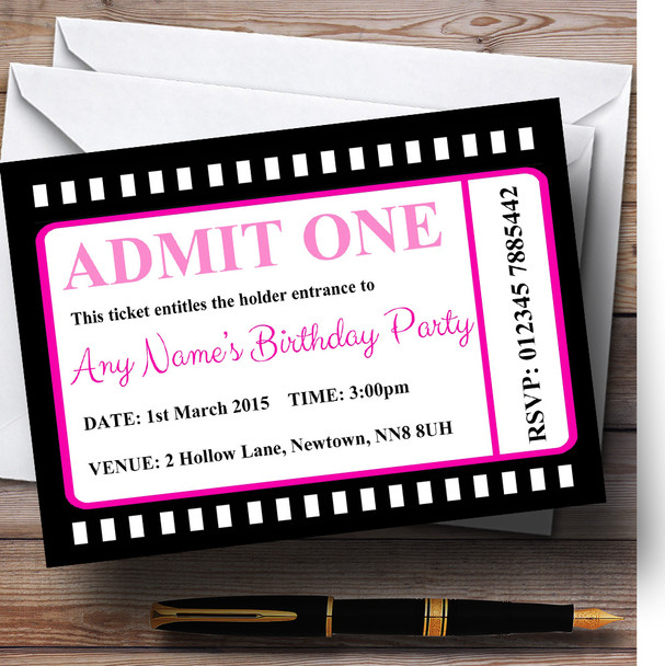 Movie Ticket Pink Personalized Birthday Party Invitations
