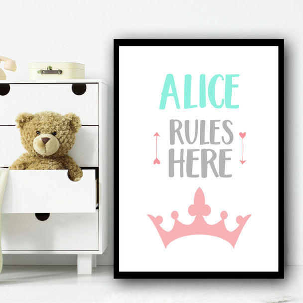 Pink Crown Rules Here Any Name Personalized Wall Art Print